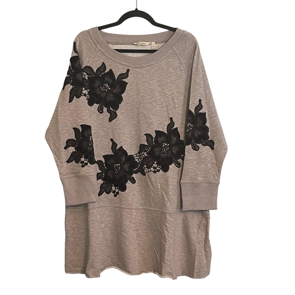 Soft Surroundings Grey Lace Floral Applique Sweatshirt Tunic‎ Dress 1X SAU95